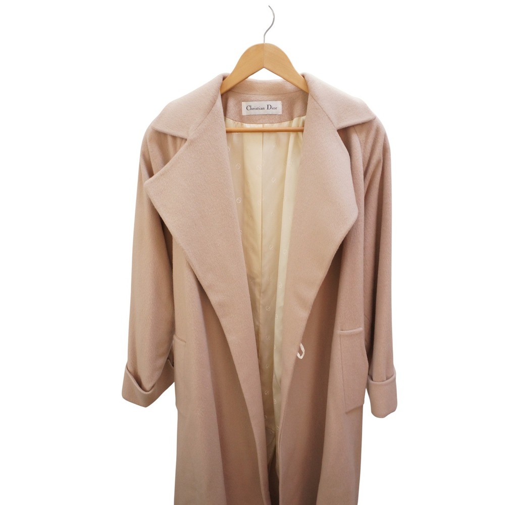 Christian Dior Beige Long Wool Blend Trench Coat Belted Lapel Collar Women - Picture 7 of 16